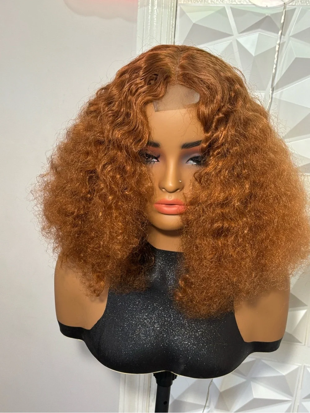 14” Copper Auburn Kinky Curly Wig 2x6 Closure Heat-Safe Hair Blend